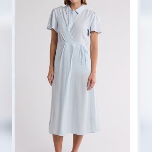NORDSTROM Linen Blend Faux Wrap Shirtdress LIGHT BLUE, Size Small